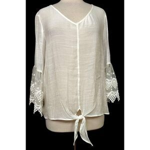 Ivy Ridge Feminine BoHo White Lace Sleeve Tie Front Blouse Sz L Pullover NEW
